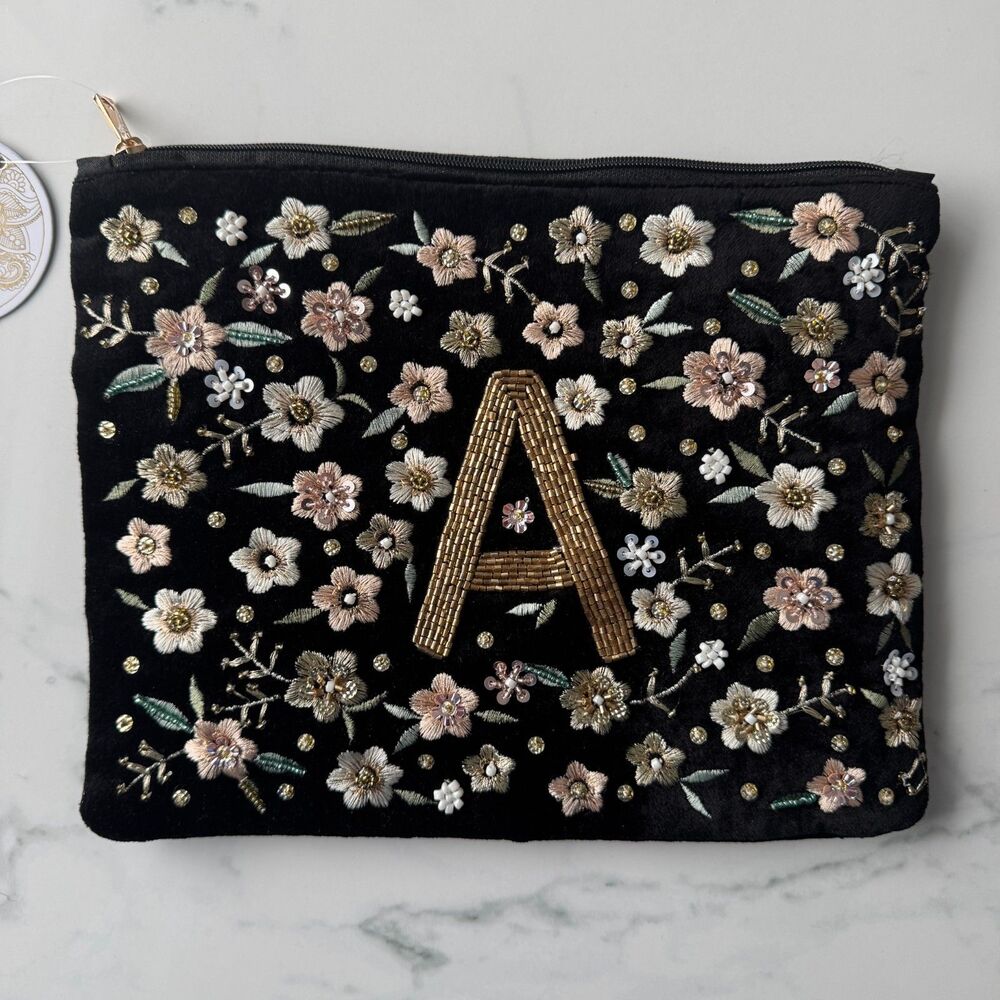 NWT Embroidered & Beaded Velvet Zippered Pouch "A"